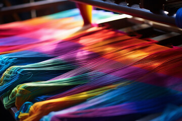 colorful yarn weaving on a loom  bokeh style background