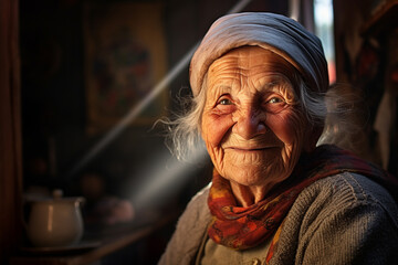 an old woman smiling in living room bokeh style background