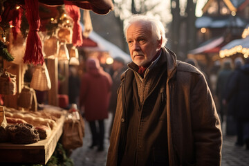 an old man standing at christmas market on christmas festival bokeh style background