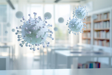 coronavirus spread in the air at white room bokeh style background