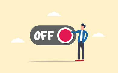 smart businessman presses setting button to switch to off position. turning off the switch, paradigm shift or change to rest, pause an effort, concept of setting or preference.