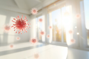coronavirus spread in the air at white room bokeh style background - obrazy, fototapety, plakaty