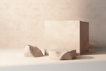 Minimalist empty stone podium for product display on beige wall background
