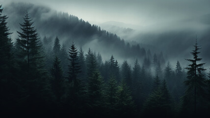misty autumn coniferous evergreen forest in the mountains nature landscape panoramic view