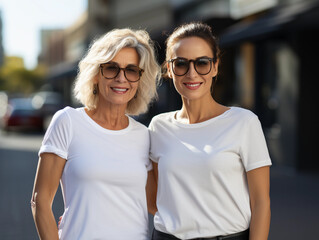 Obraz premium Mother and daughter wearing blank empty white t-shirt mockup for design template, mothers day concept