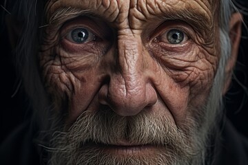 The performance of body aging shall be marked with wrinkles, spots. Blue eyes of senior old man