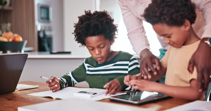 Children, parent and online education for math, numbers and teaching with calculator and tablet at home. African family and kids on digital technology for helping with homework and school support