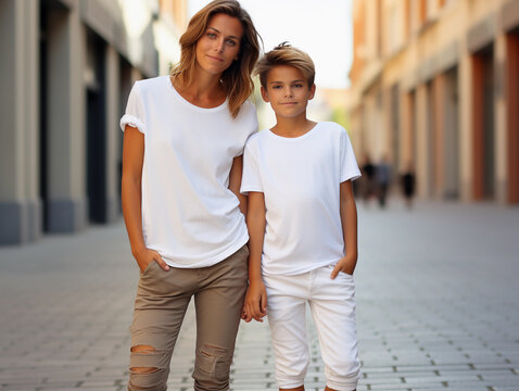 Mother and son wearing blank empty white t-shirt mockup for design template, mothers day concept