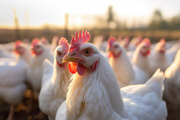 Flock of chickens standing on the farm bokeh style background