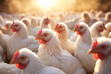 Flock of chickens standing on the farm bokeh style background