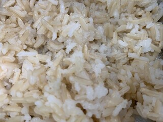 brown rice background, Cooked Thai brown jasmine rice in a round block shape isolated on white background
