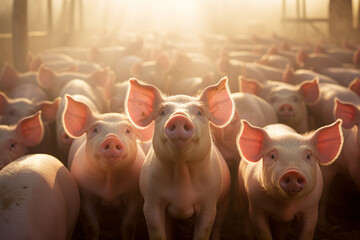 Flock of pigs standing on the farm bokeh style background