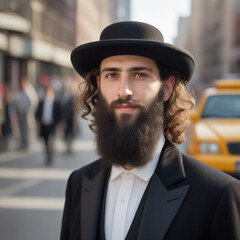 a rabbi Ultra-Orthodox Hasidic Jewish Men Have Side Curls wearing a suit, 40 years old New Yorker,...