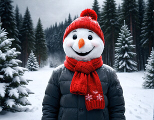 cheerful cute snowman in a knitted hat in the atmosphere of a Christmas forest. Generated AI