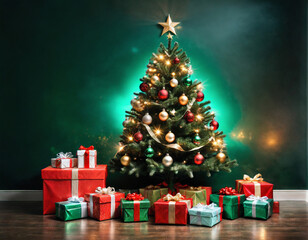 Christmas background for greeting card, fir tree, gifts on green background. Generated AI
