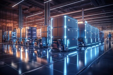 A cargo transport robot is parked on the floor near shelves with merchandise in a spacious warehouse that is lit at night. by Generative AI - obrazy, fototapety, plakaty