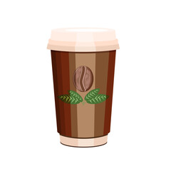 Coffee in a cardboard cup with a lid,with a design of coffee beans and leaves on the glass.Vector illustration of a drink for coffee shops, restaurants.