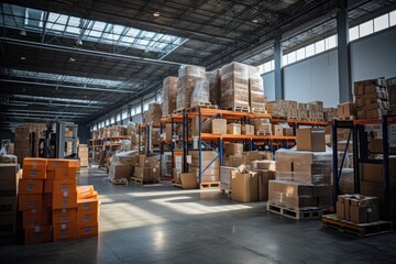 Industries that have warehouses or storage areas full of shelves and cardboard boxes by Generative AI - obrazy, fototapety, plakaty