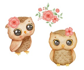 Watercolor cute baby girl owl with flower. Hand drawn character forest bird isolated on white background. Woodland illustration for kids