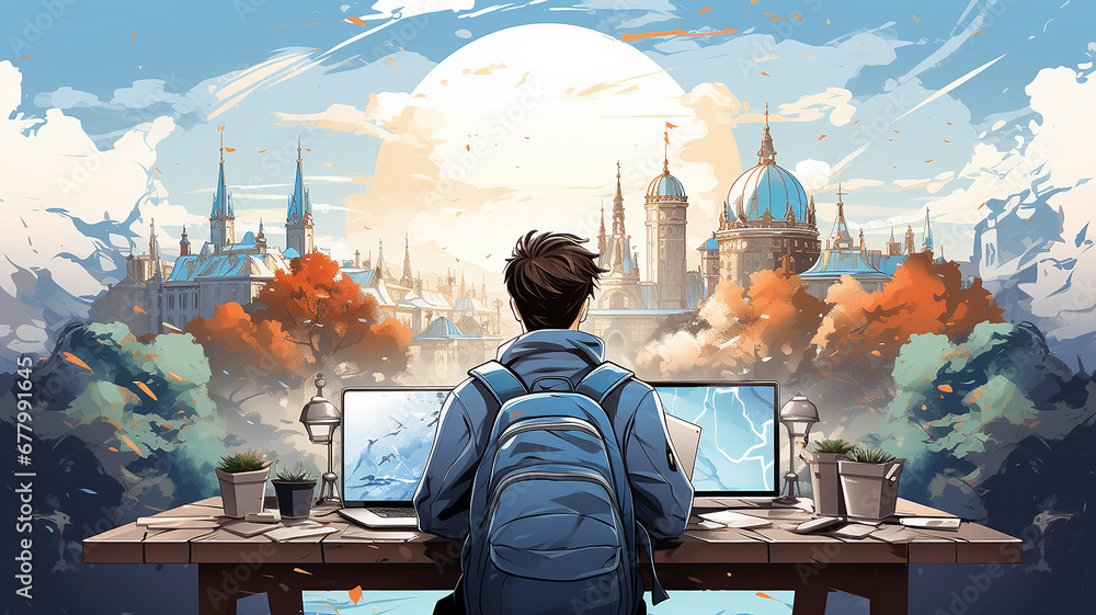 Aufkleber student at the table view from the back learning global drawing picture graphics