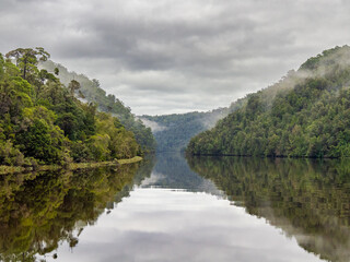 Morning g mist and cloud reflections on the Pieman River, Tasmania