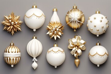 A set of Christmas balls in white and gold, New Year.