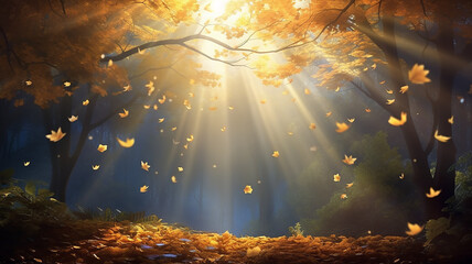 rays of the sun leaf fall autumn background landscape golden fall - obrazy, fototapety, plakaty