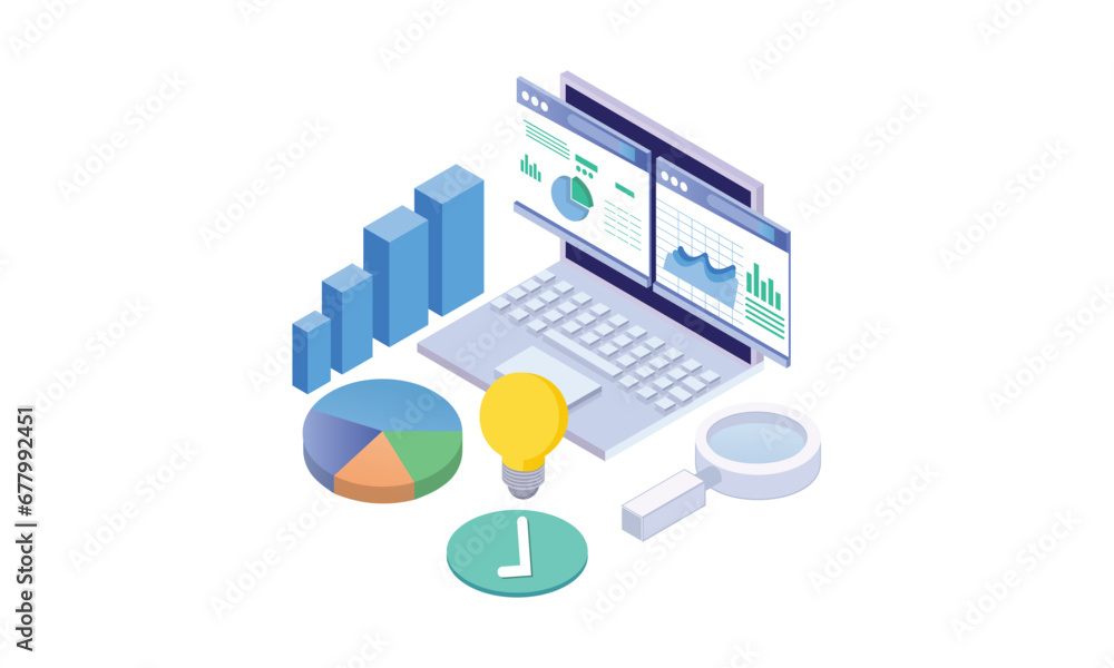 Poster isometric publish digital reports in real-time and analyze data.on white background.3d design.isomet