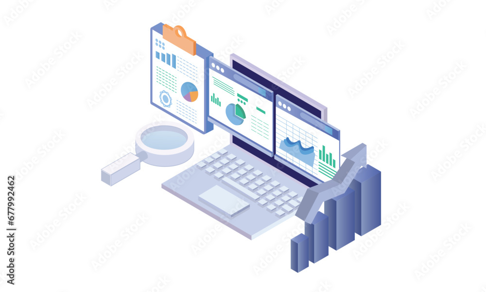 Poster isometric investment business analysis data results.on white background.3d design.isometric vector d