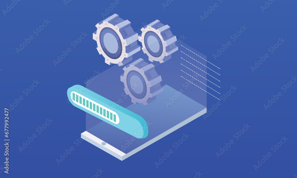Poster isometric concept of maintaining update application.on blue background.3d design.isometric vector de