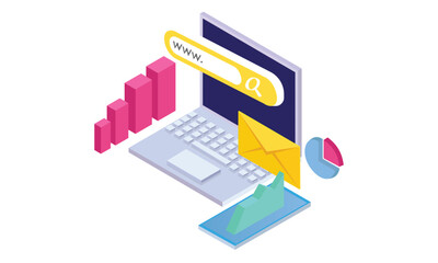 Isometric search for keywords for optimization.on white background.3D design.isometric vector design Illustration.