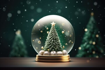 Christmas tree with gifts and snow in glass ball on background of bokeh lights. New Year.