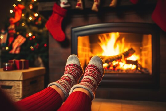 Feet in wool socks with Christmas pattern on the background of burning fireplace. A cozy winter evening. New Year.