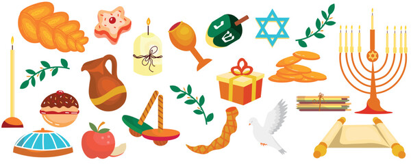 Set of Hanukkah symbols on white background