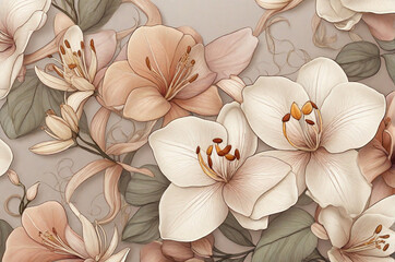 Beautiful flowers and petals on light background, top view. Floral design.