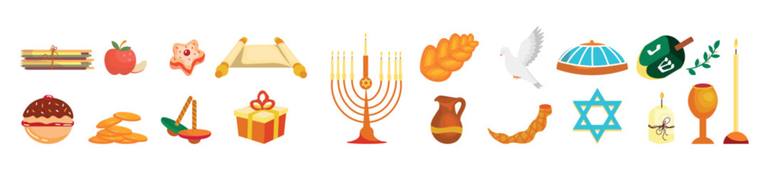 Set of Hanukkah symbols on white background