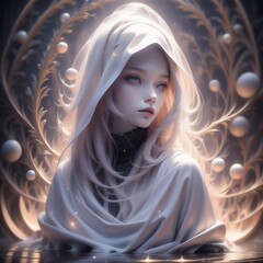 3 d illustration of a young girl in a dark room with a window