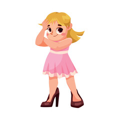 Little Girl Dress Up as Adult Wearing Oversized Clothes Vector Illustration