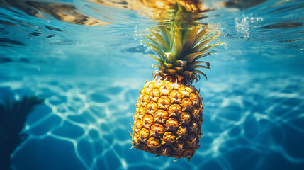 A pineapple floating in a pool water