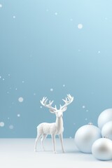 White deer, Christmas trees and balloons on blue snowy background. Christmas concept. New Year.