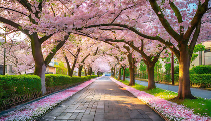 A suburban street lined with cherry blossoms in full bloom in Tokyo, Japan, creating a picturesque...