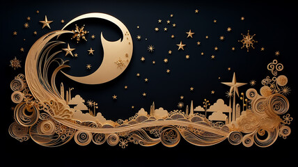 crescent moon fairy tale arab night stars clouds black background.