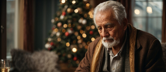 Sad Old Grandpa on New Year's Day. Christmas of a lonely elderly man. Myrealholiday - obrazy, fototapety, plakaty