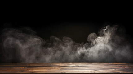 empty wooden table with smoke float up on dark background Empty Space for display your products. Made with generative ai