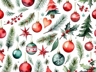 Fondo con motivos navideños (esferas y ramas de pino) estilo acuarela - obrazy, fototapety, plakaty