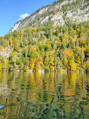 Obraz premium Konigsee, Germany - lake surrounded with mountains, Berchtesgaden National Park, Bavaria, Germany