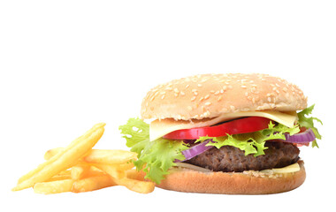 Hamburger with french fries isolated