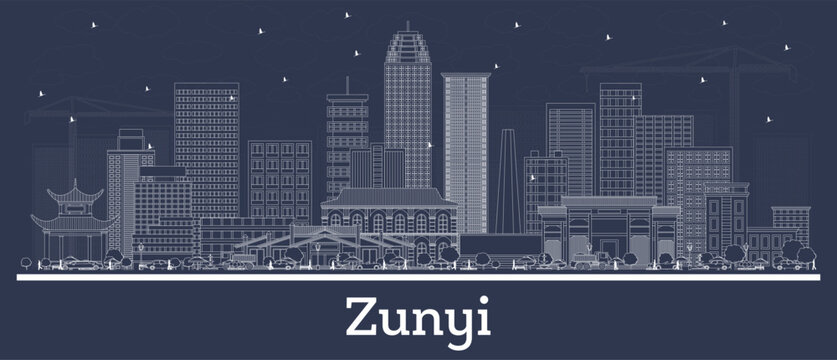 Outline Zunyi China city skyline with white buildings. Business travel and tourism concept with historic architecture. Zunyi cityscape with landmarks.