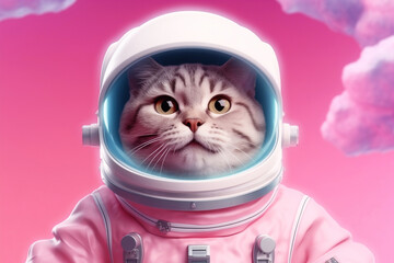 Cat astronaut in spacesuit on a pink background with clouds.