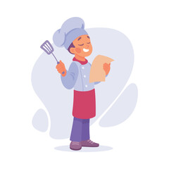 Boy Cook or Chef Character in Uniform Read Recipe Cooking Meal Vector Illustration